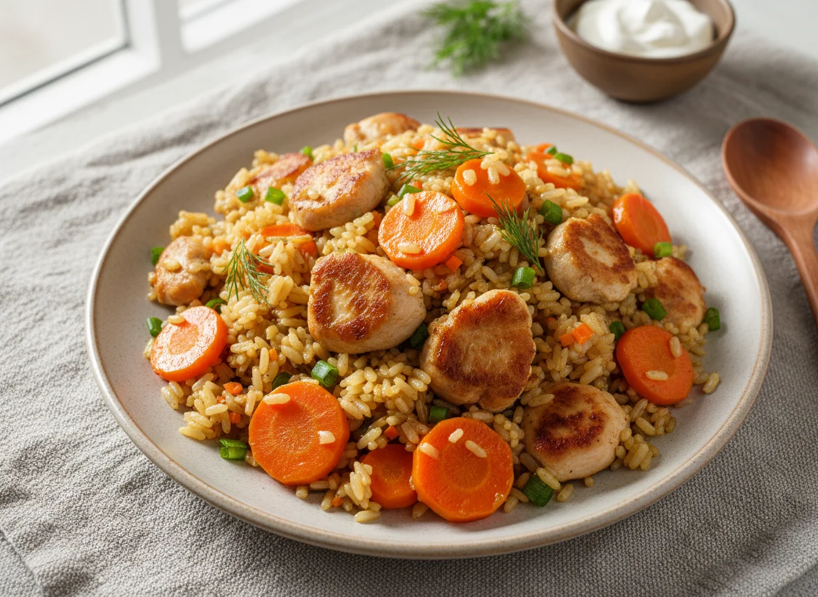 Жареный рис с курицей и овощами photo