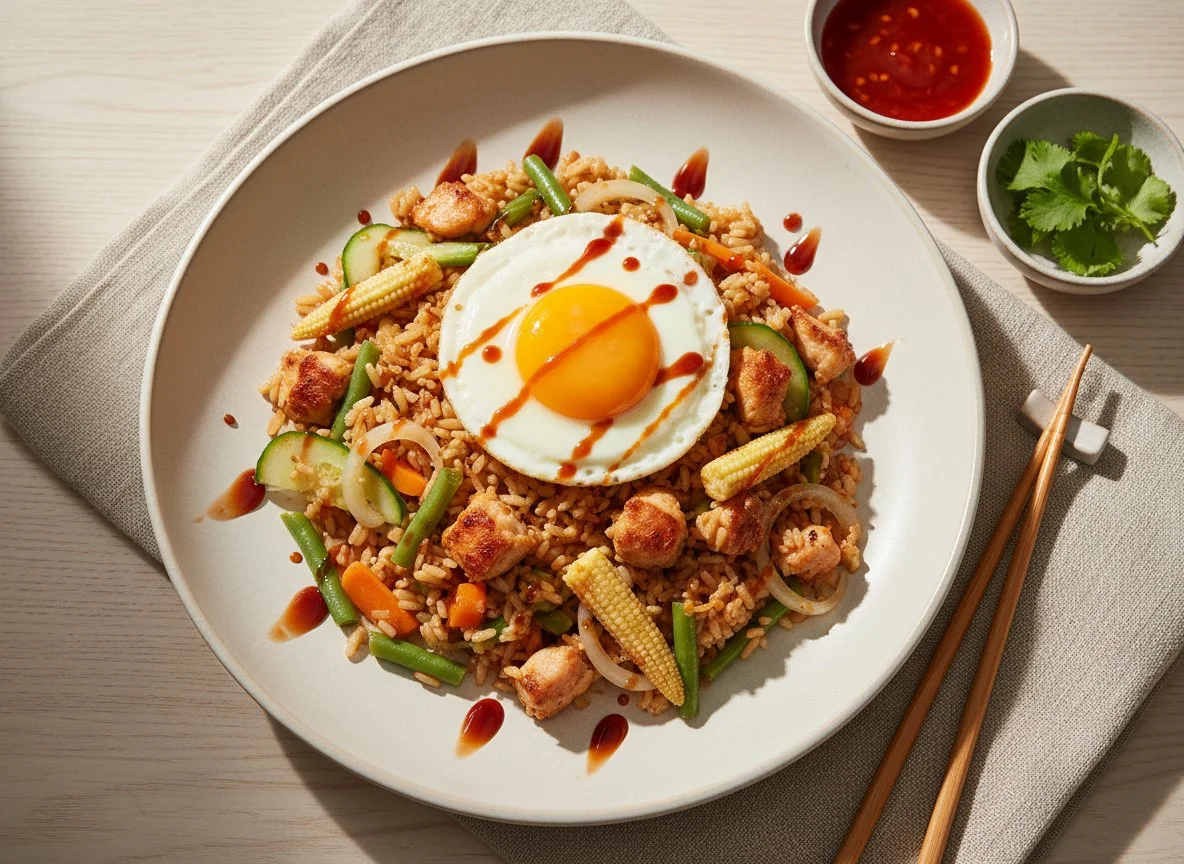 Жареный рис с курицей, овощами и яичницей photo