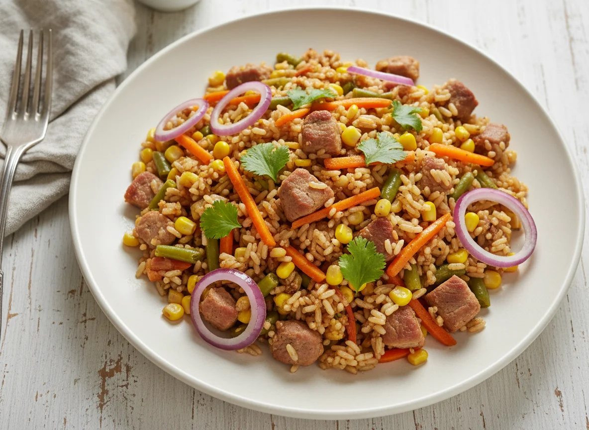 Жареный рис с мясом и овощами photo