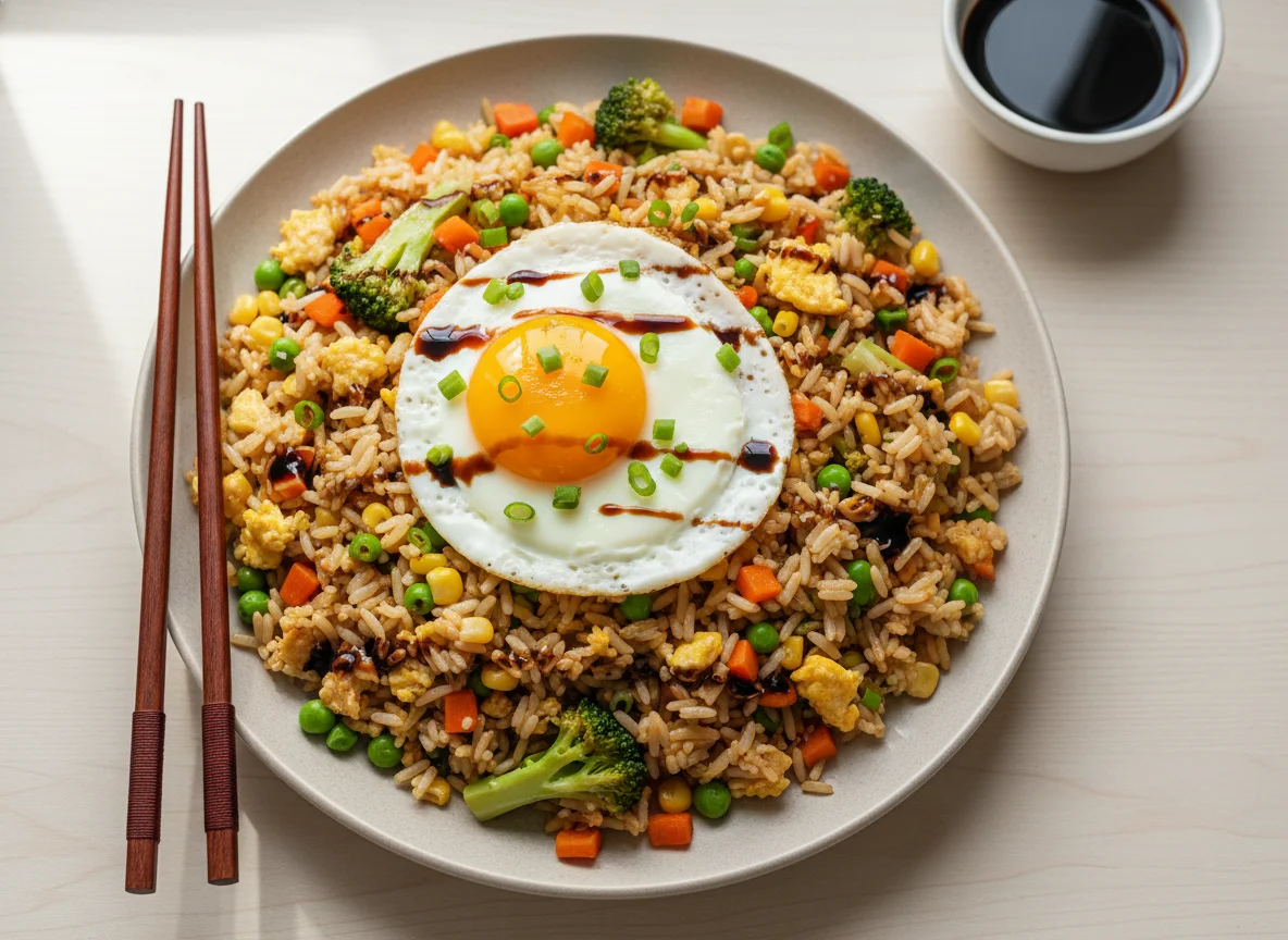 Жареный рис с овощами и яйцом photo