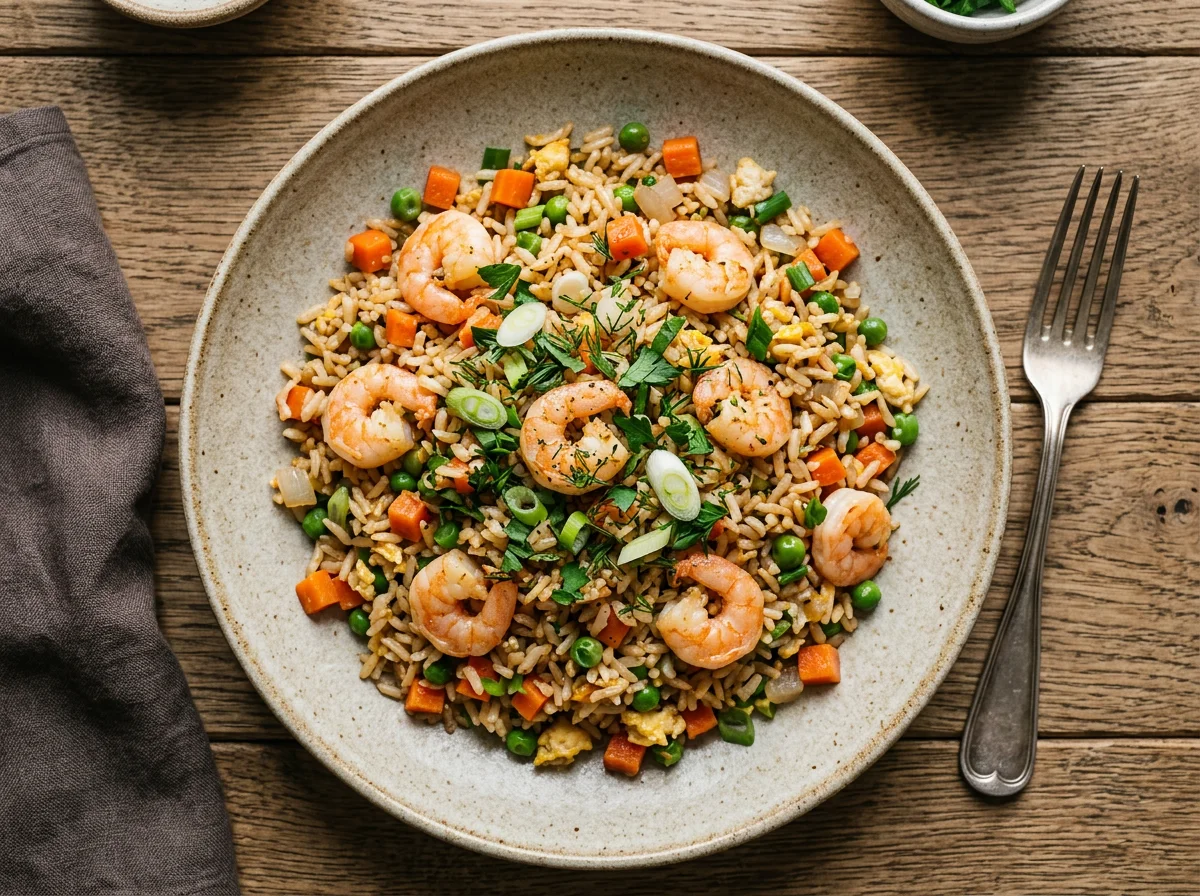 Жареный рис с овощами и креветками photo