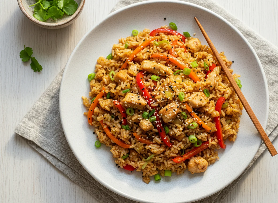 Жареный рис с овощами и курицей photo