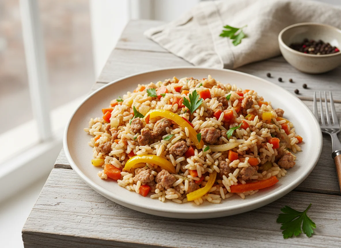 Жареный рис с овощами и мясом photo