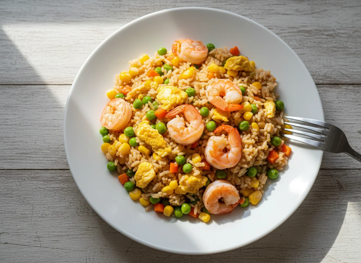 Жареный рис с овощами и морепродуктами photo