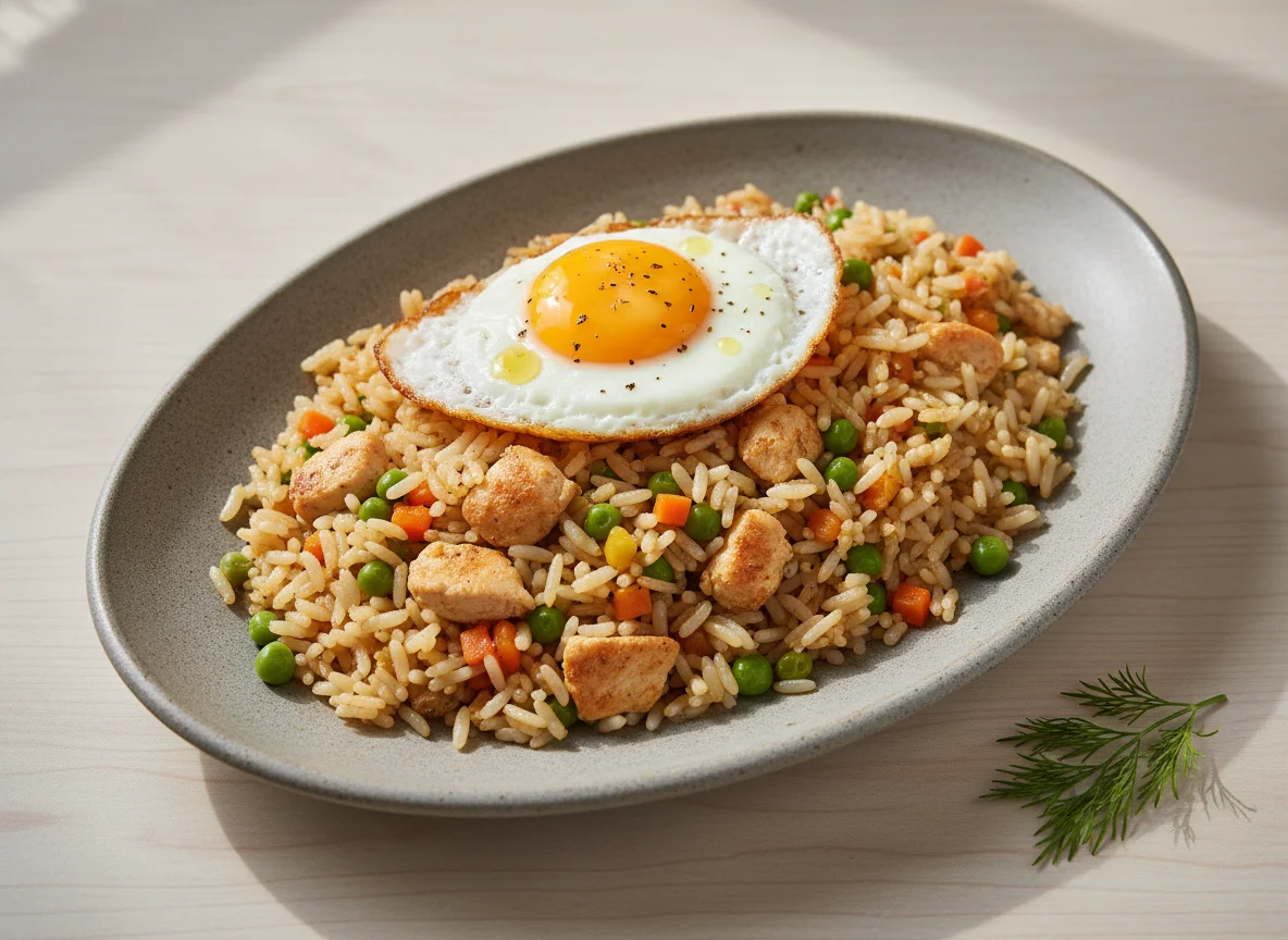 Жареный рис с овощами, курицей и яичницей photo