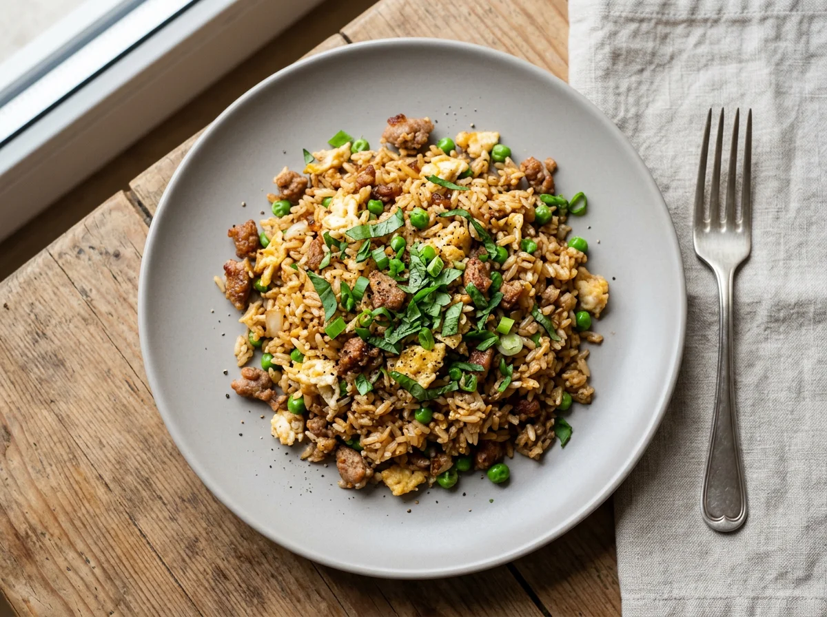 Жареный рис со свининой и яйцом photo