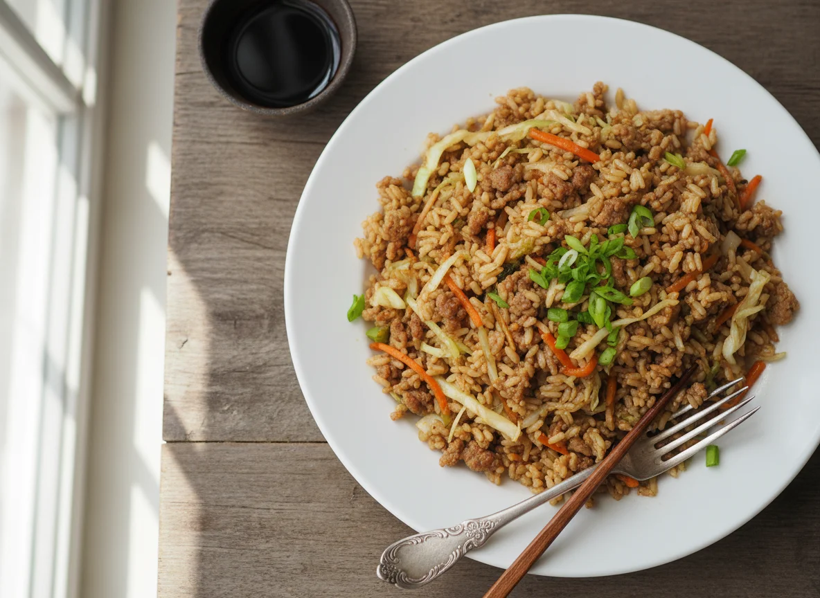 Жареный рис со свининой и овощами photo