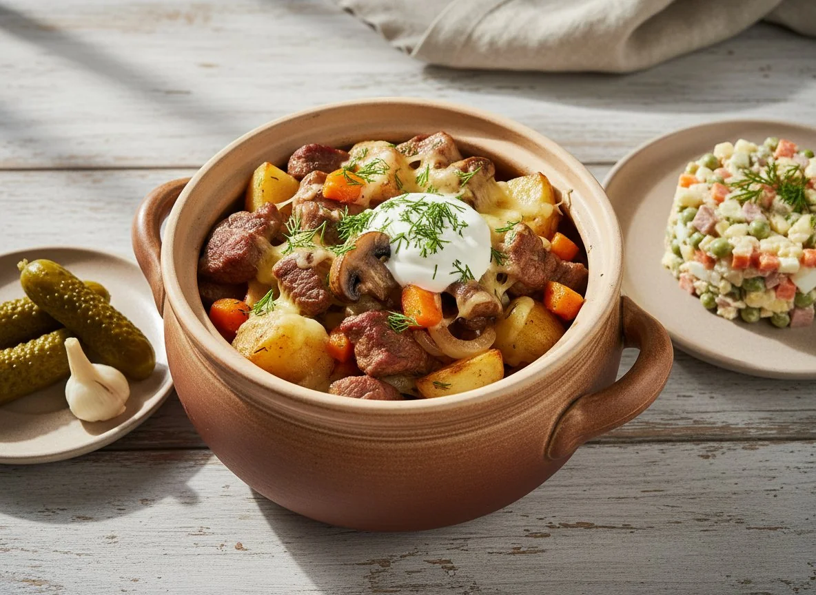 Жаркое в горшочке с соленьями и салатом photo