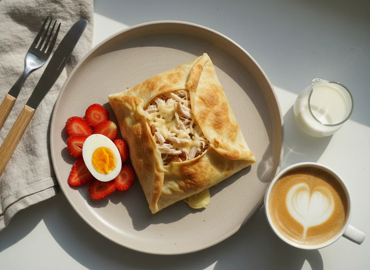 Завтрак: конверт из лаваша с курицей и сыром, яйцо, кофе с молоком photo