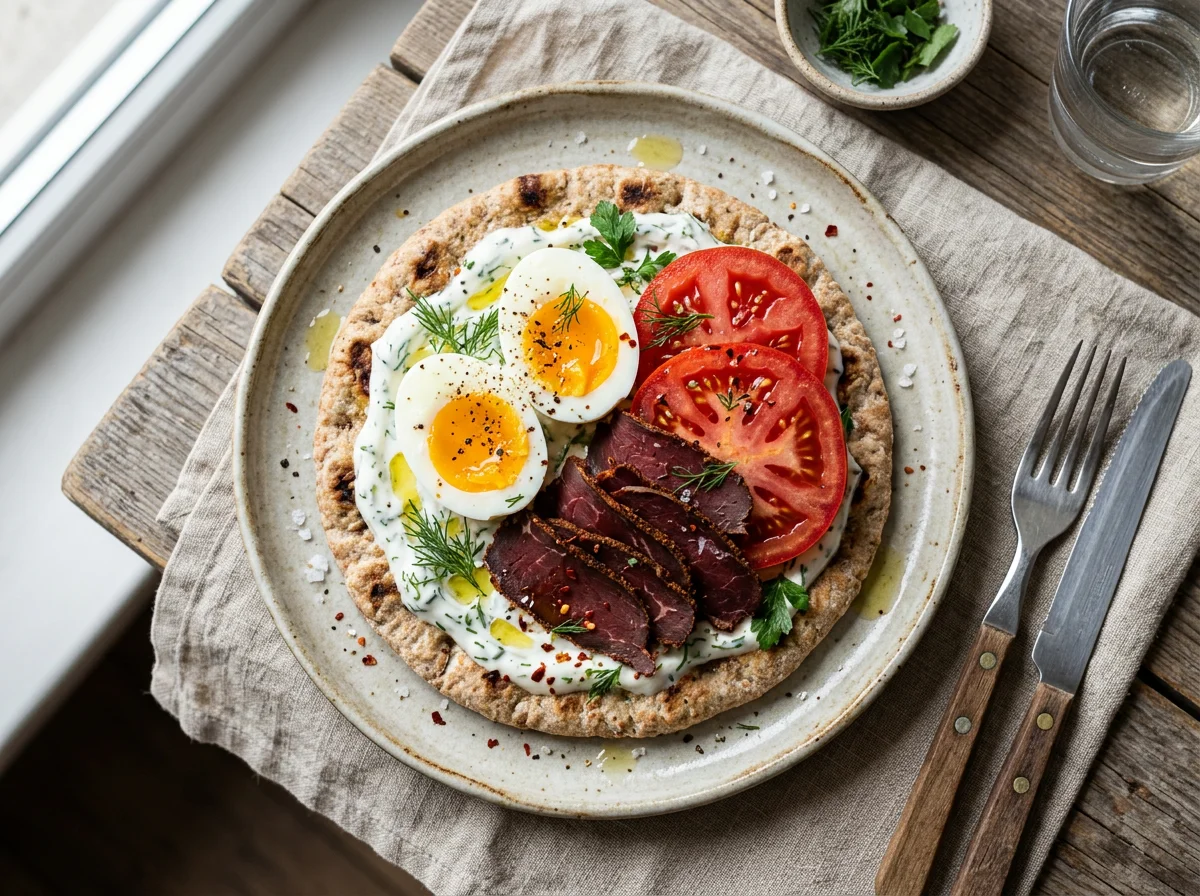 Завтрак на лепешке с яйцом, помидорами и бастурмой photo