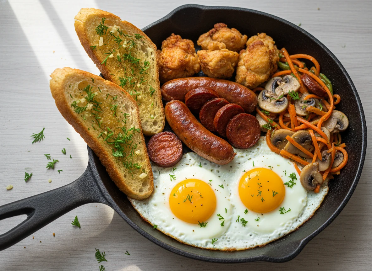 Завтрак на сковороде с яйцами, колбасками и тостом photo