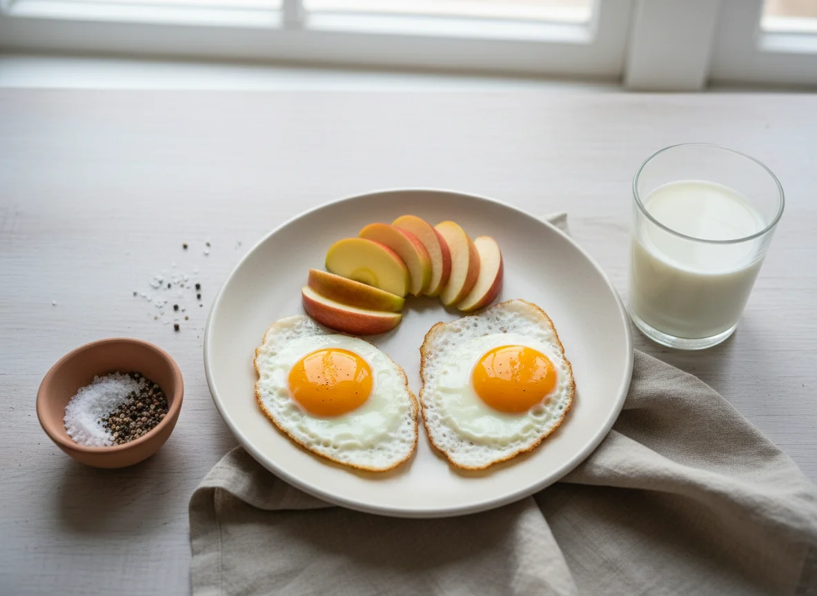 Завтрак с яичницей, яблоком и молоком photo