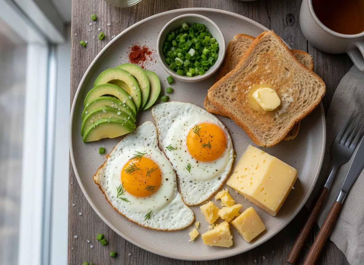 Завтрак с яичницей, авокадо, хлебом и сыром photo