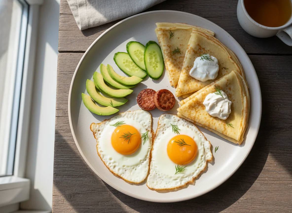 Завтрак с яичницей, авокадо и блинами photo