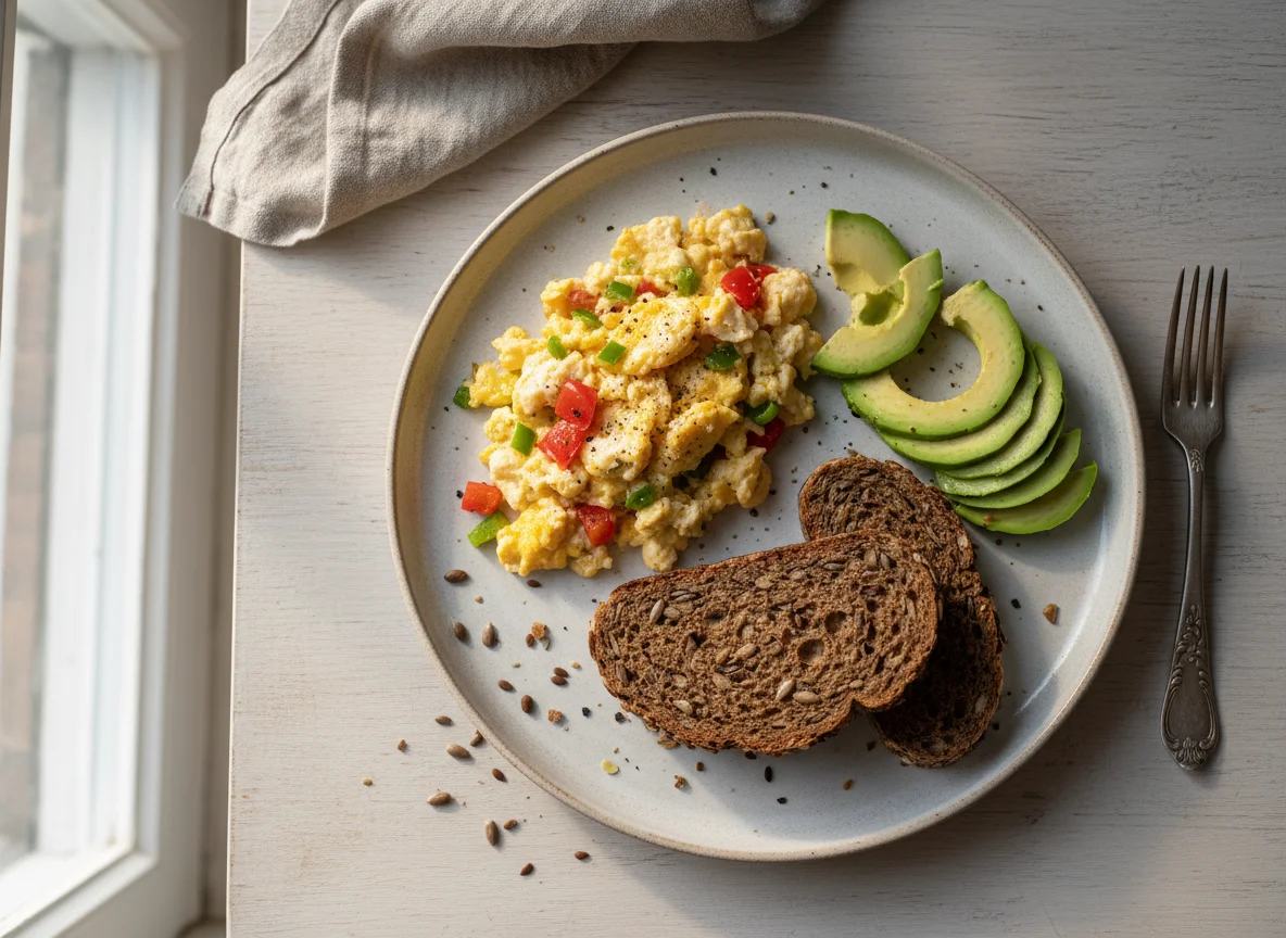 Завтрак с яичницей, авокадо и хлебом photo