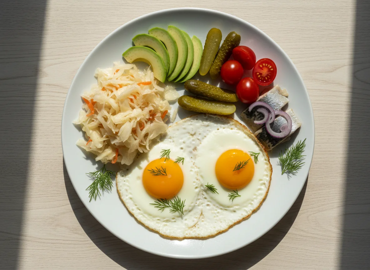 Завтрак с яичницей, авокадо и квашеной капустой photo