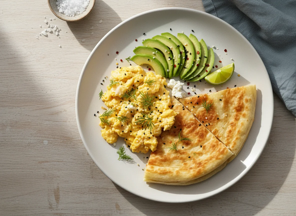 Завтрак с яичницей, авокадо и лепешкой photo