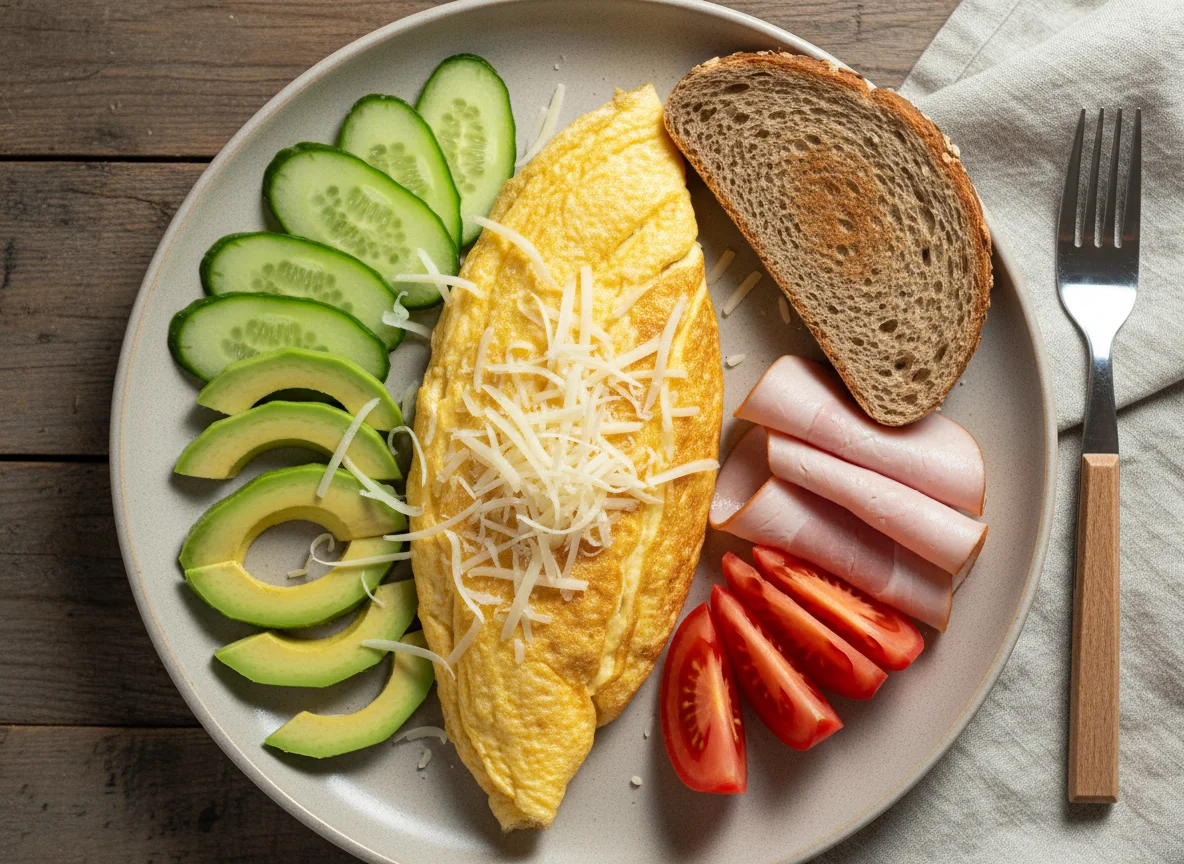 Завтрак с яичницей, авокадо и огурцами photo