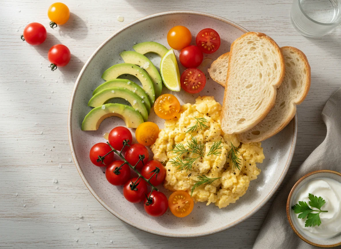 Завтрак с яичницей, авокадо и помидорами photo