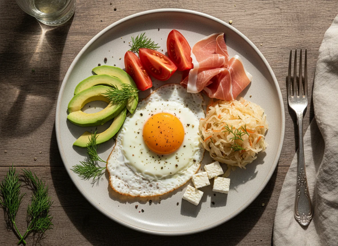 Завтрак с яичницей, авокадо и прошутто photo