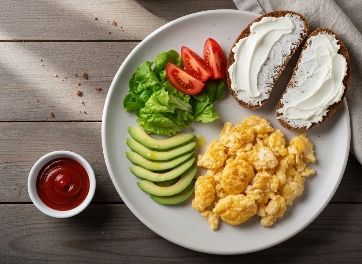 Завтрак с яичницей, авокадо и тостами photo