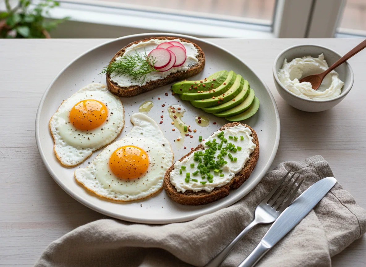 Завтрак с яичницей, авокадо и тостом photo