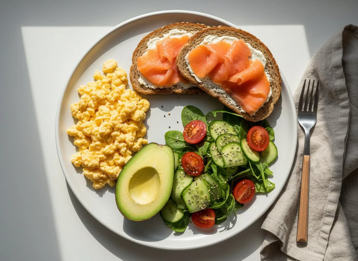 Завтрак с яичницей, авокадо, салатом и тостами с лососем photo