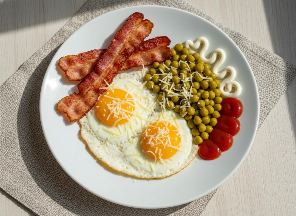 Завтрак с яичницей, беконом, горошком и сыром photo