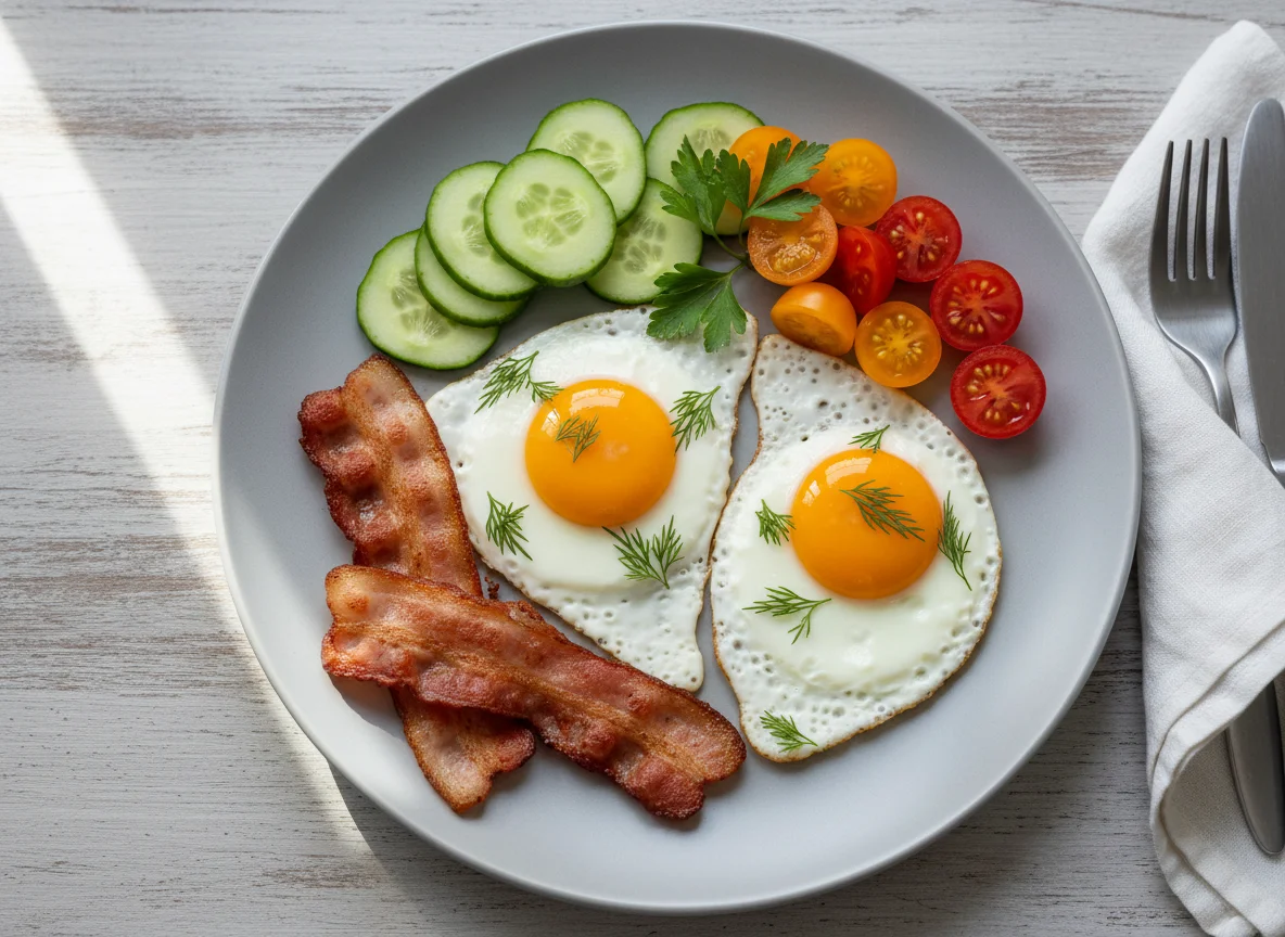 Завтрак с яичницей, беконом и овощами photo