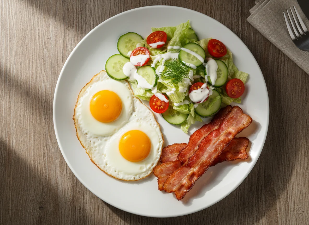 Завтрак с яичницей, беконом и салатом photo