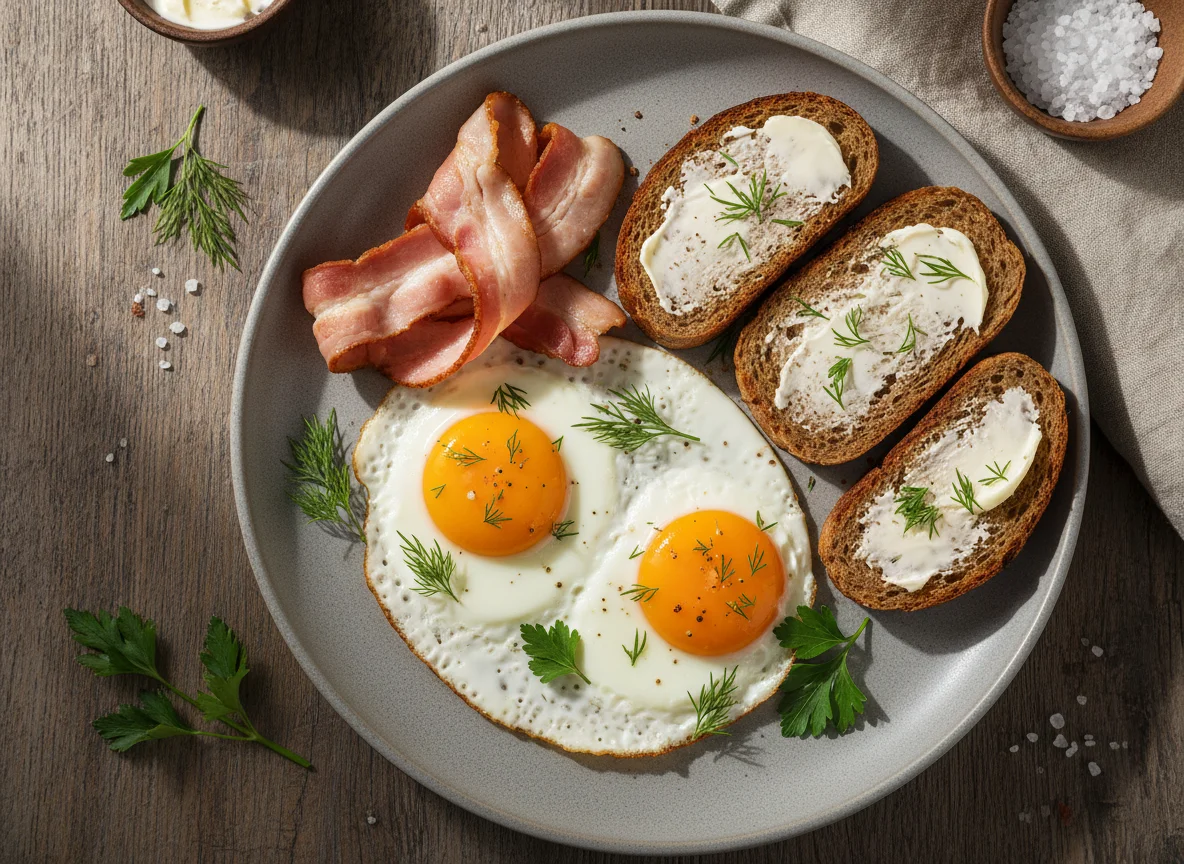 Завтрак с яичницей, беконом и тостами photo
