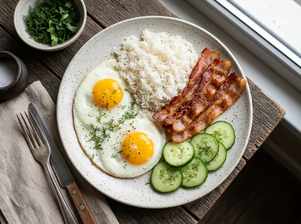 Завтрак с яичницей, беконом, рисом и огурцами photo