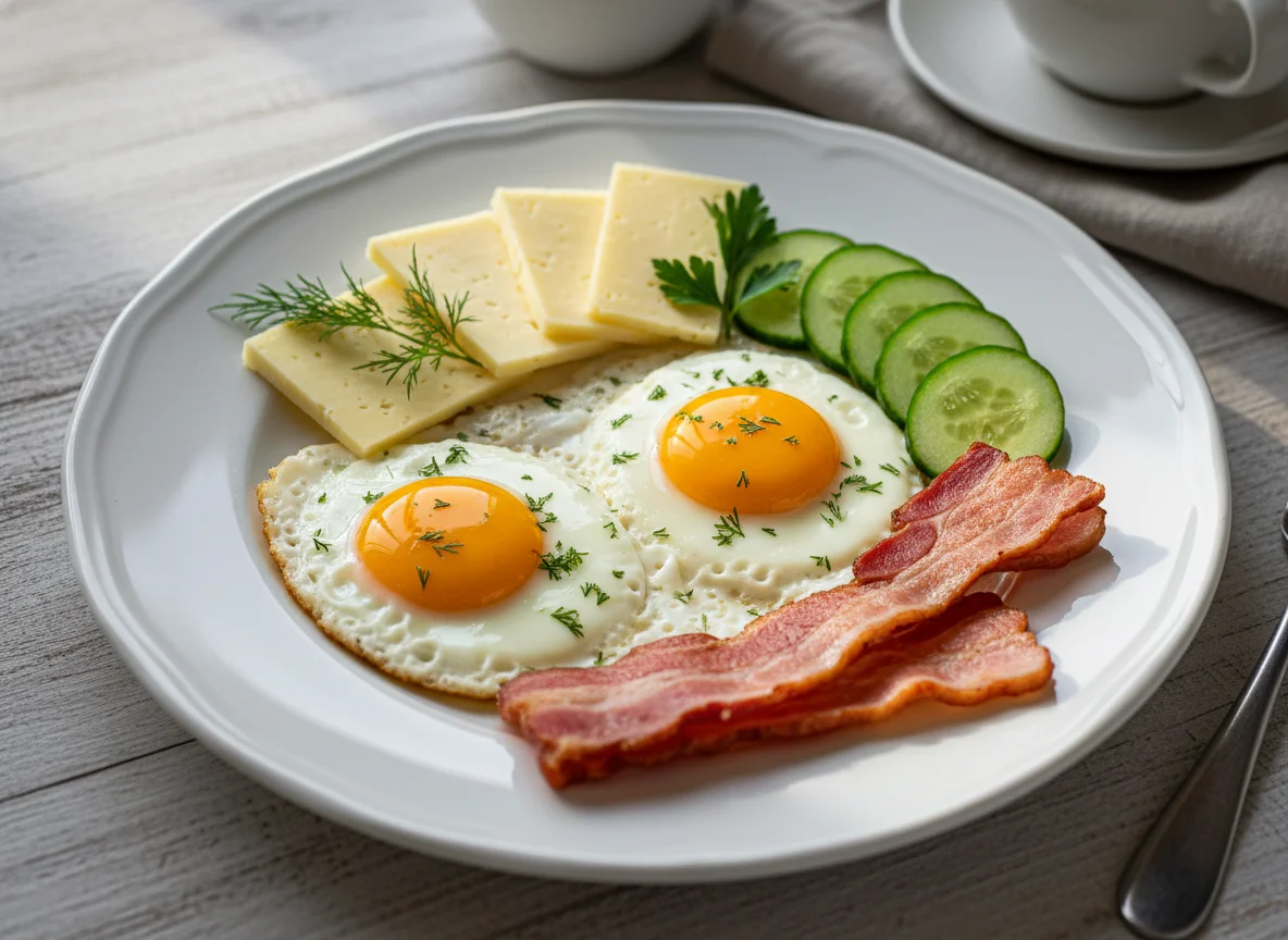 Завтрак с яичницей, беконом, сыром и огурцами photo