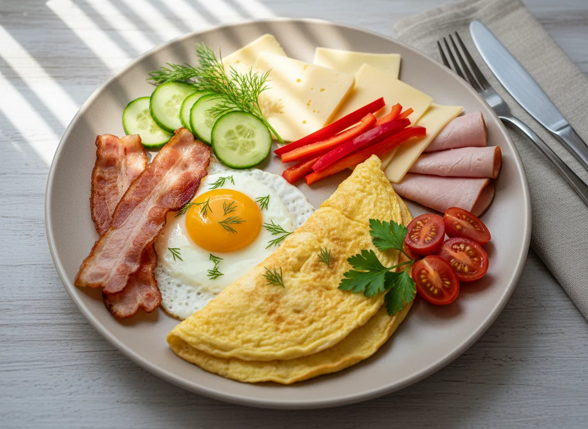 Завтрак с яичницей, беконом, сыром и овощами photo