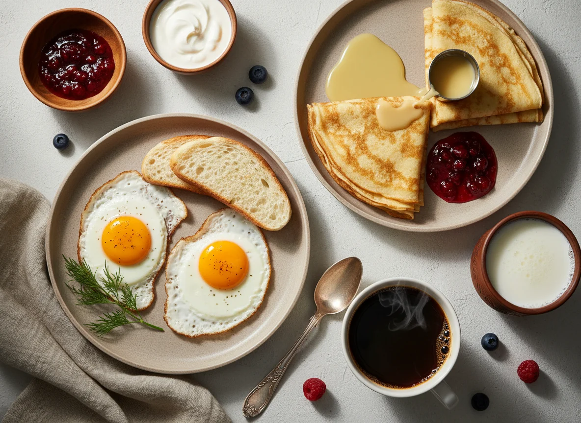 Завтрак с яичницей, блинами и кофе photo