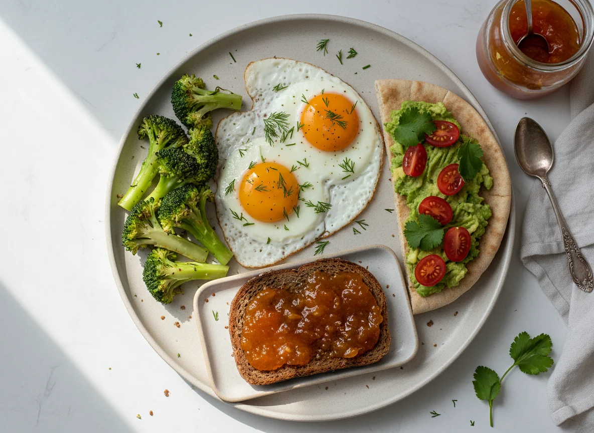 Завтрак с яичницей, брокколи, питой с авокадо и томатами, и тостом с джемом photo