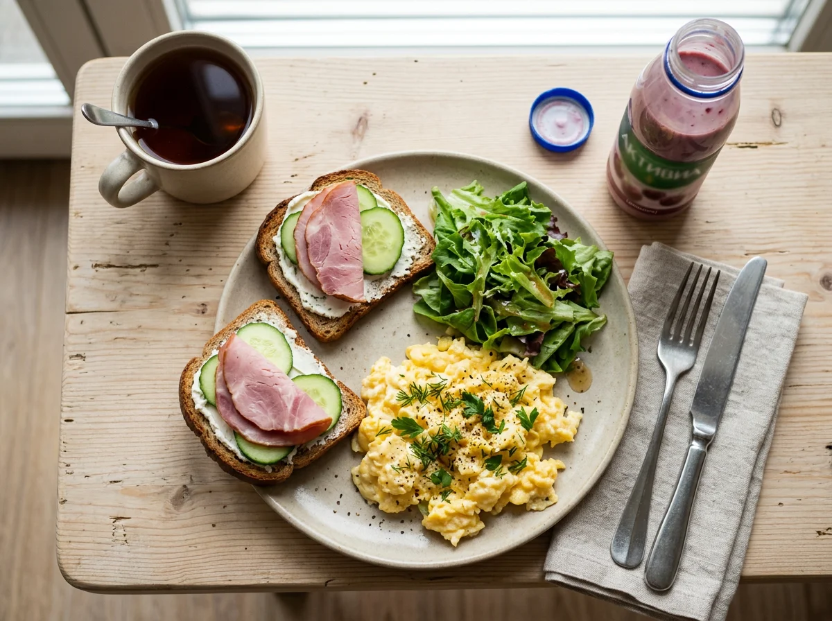 Завтрак с яичницей, бутербродами и йогуртом photo