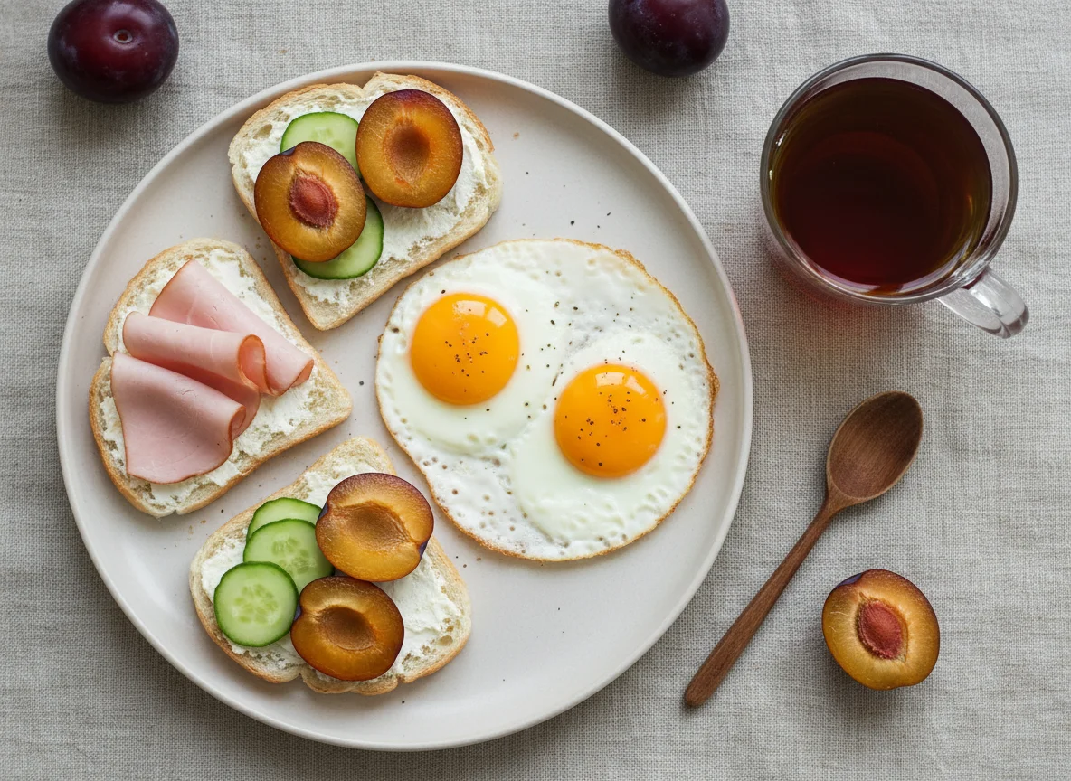 Завтрак с яичницей, бутербродами и сливами photo
