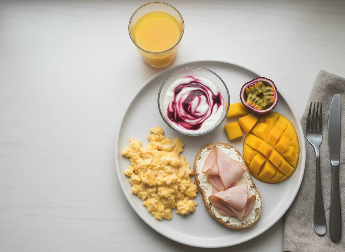 Завтрак с яичницей, бутербродом, фруктами и йогуртом photo