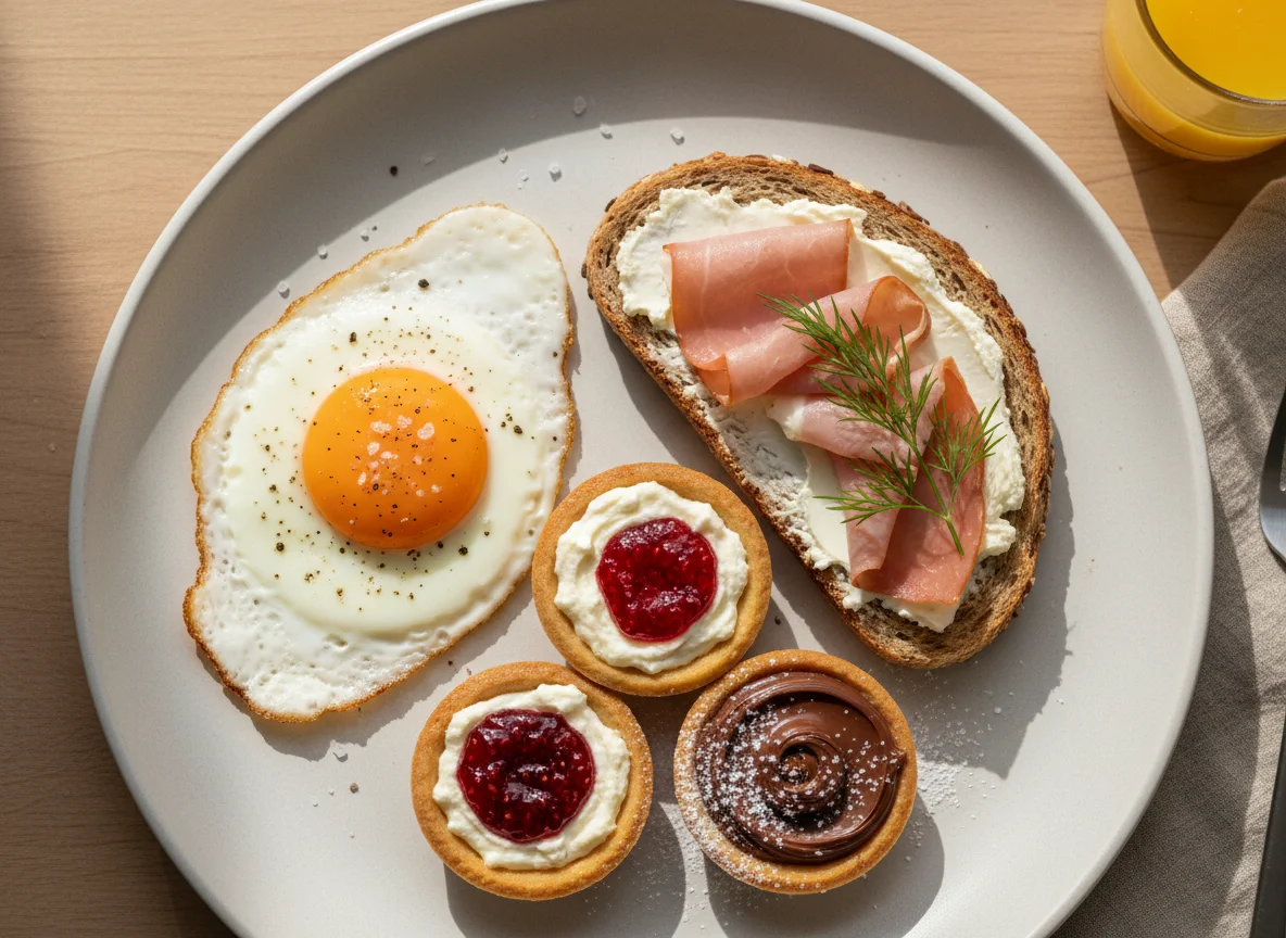 Завтрак с яичницей, бутербродом и мини-тарталетками photo