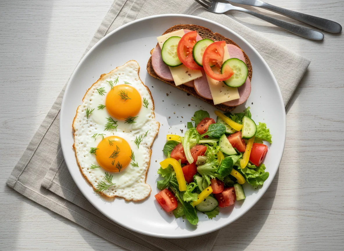 Завтрак с яичницей, бутербродом и овощным салатом photo