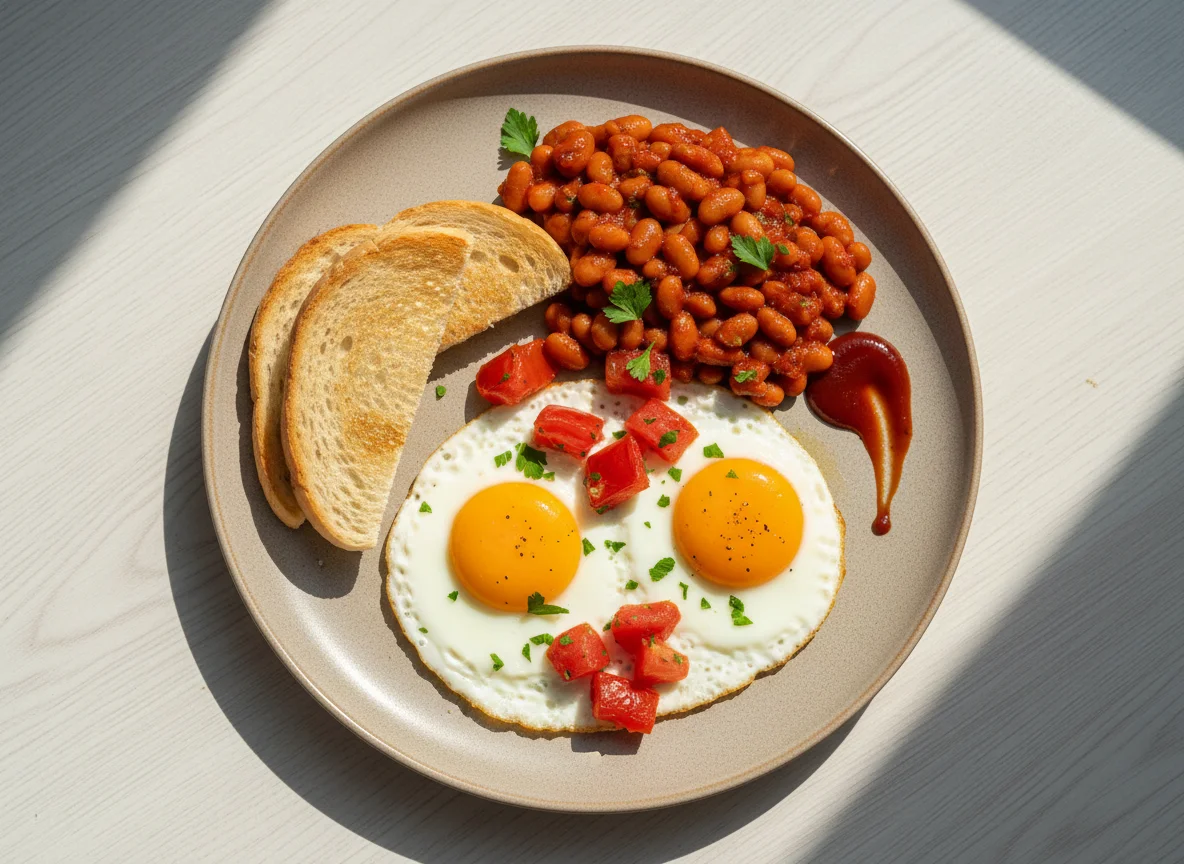 Завтрак с яичницей, фасолью и хлебом photo