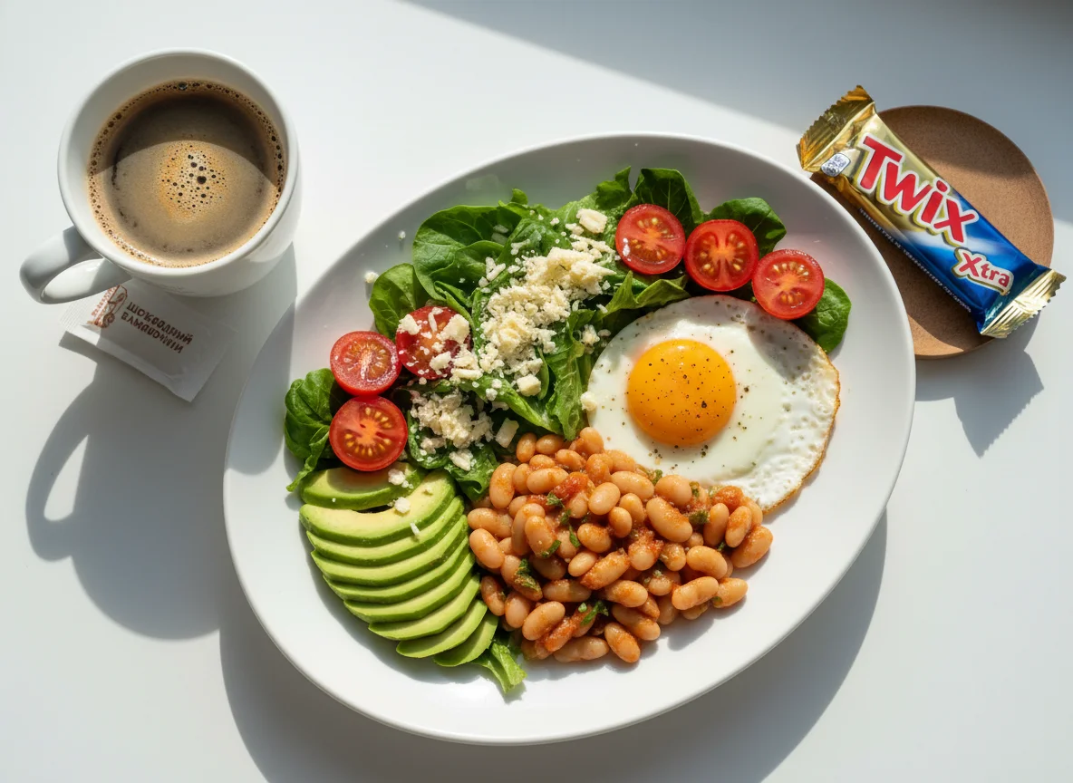 Завтрак с яичницей, фасолью и овощами photo