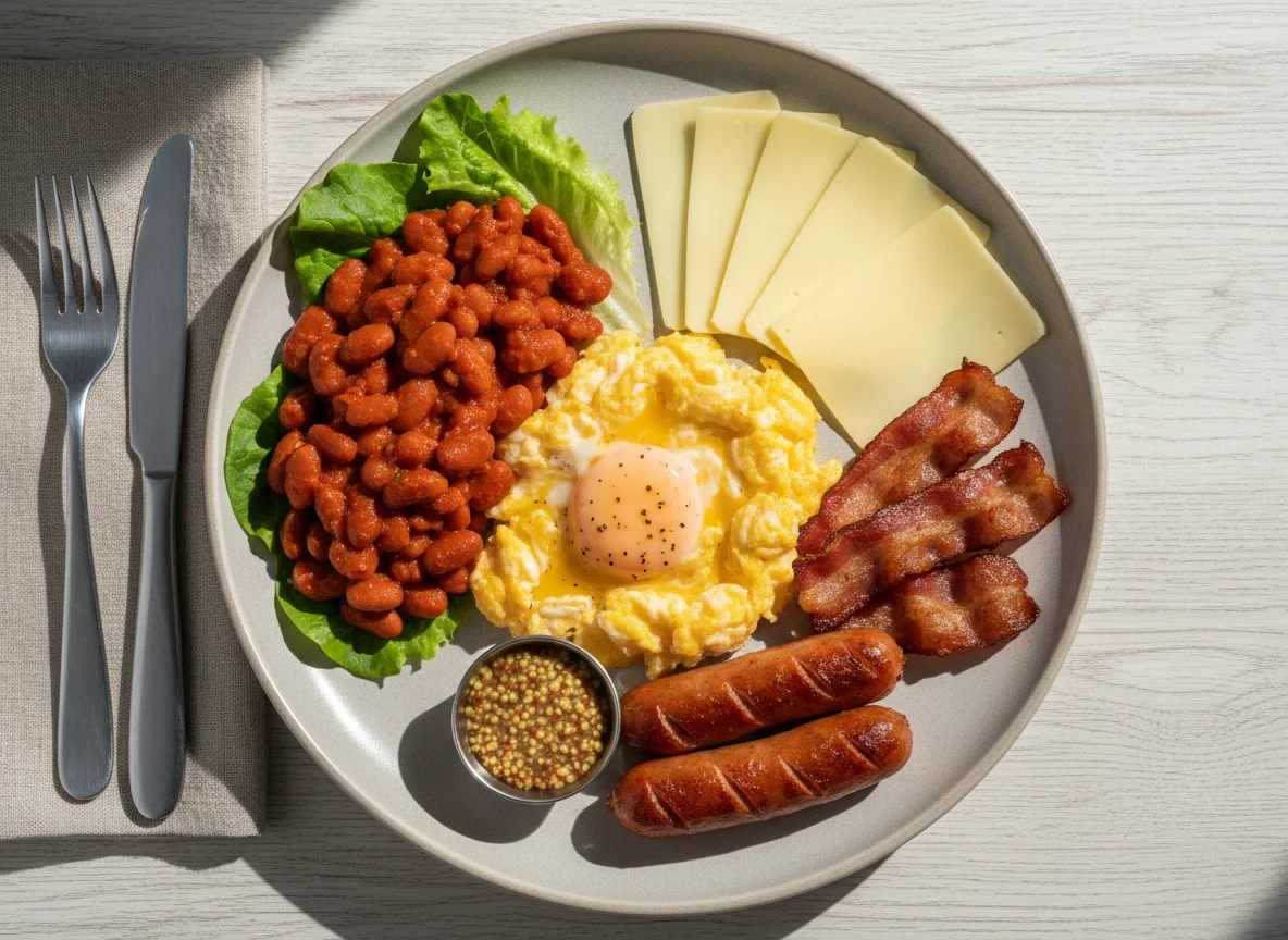 Завтрак с яичницей, фасолью и сыром photo