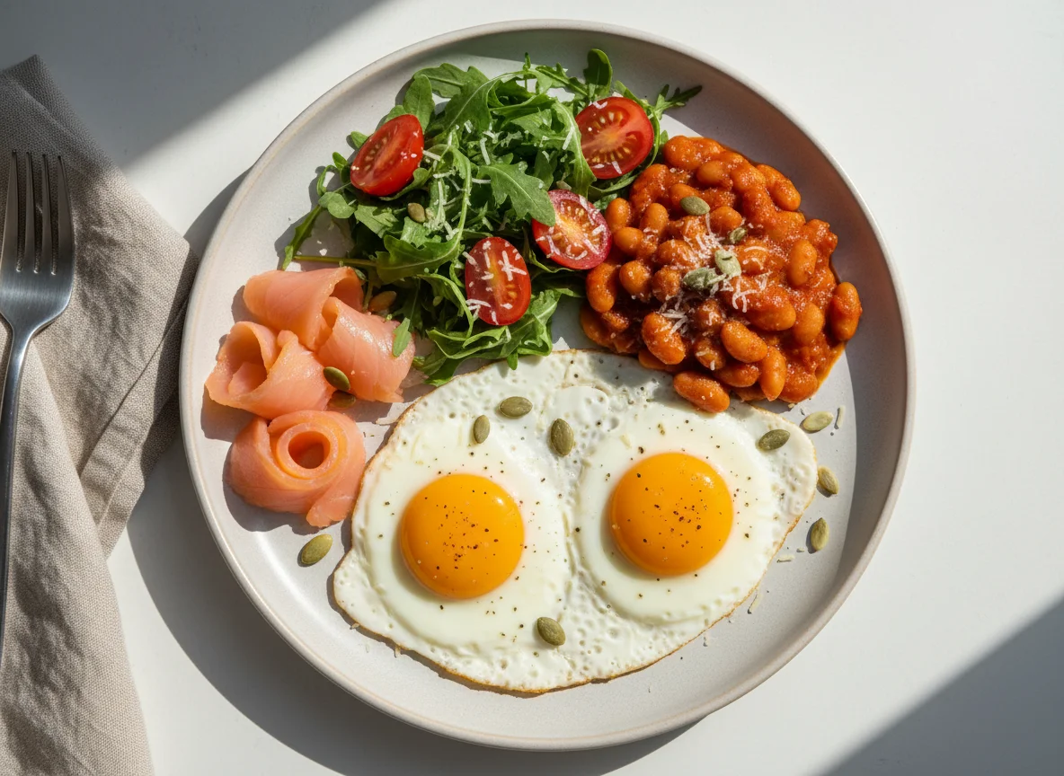 Завтрак с яичницей, фасолью, лососем и салатом photo