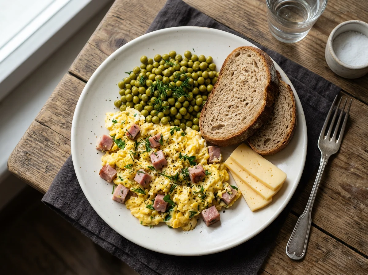 Завтрак с яичницей, горошком, хлебом и сыром photo