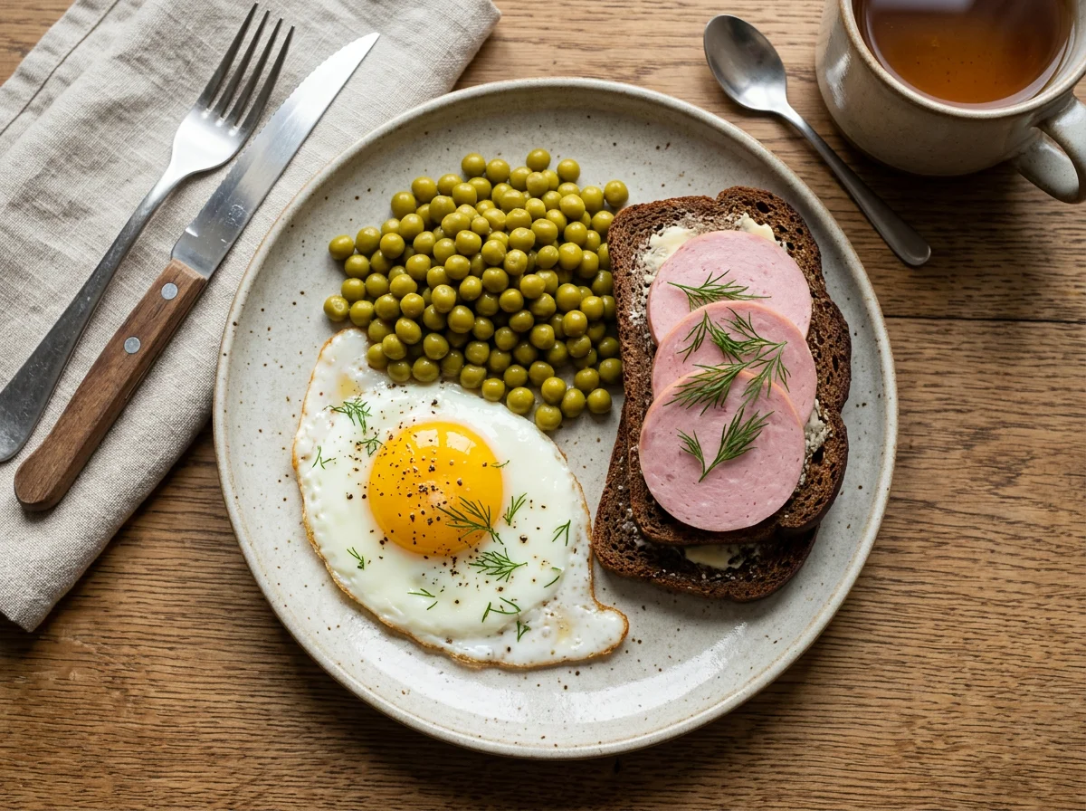 Завтрак с яичницей, горошком и бутербродом photo
