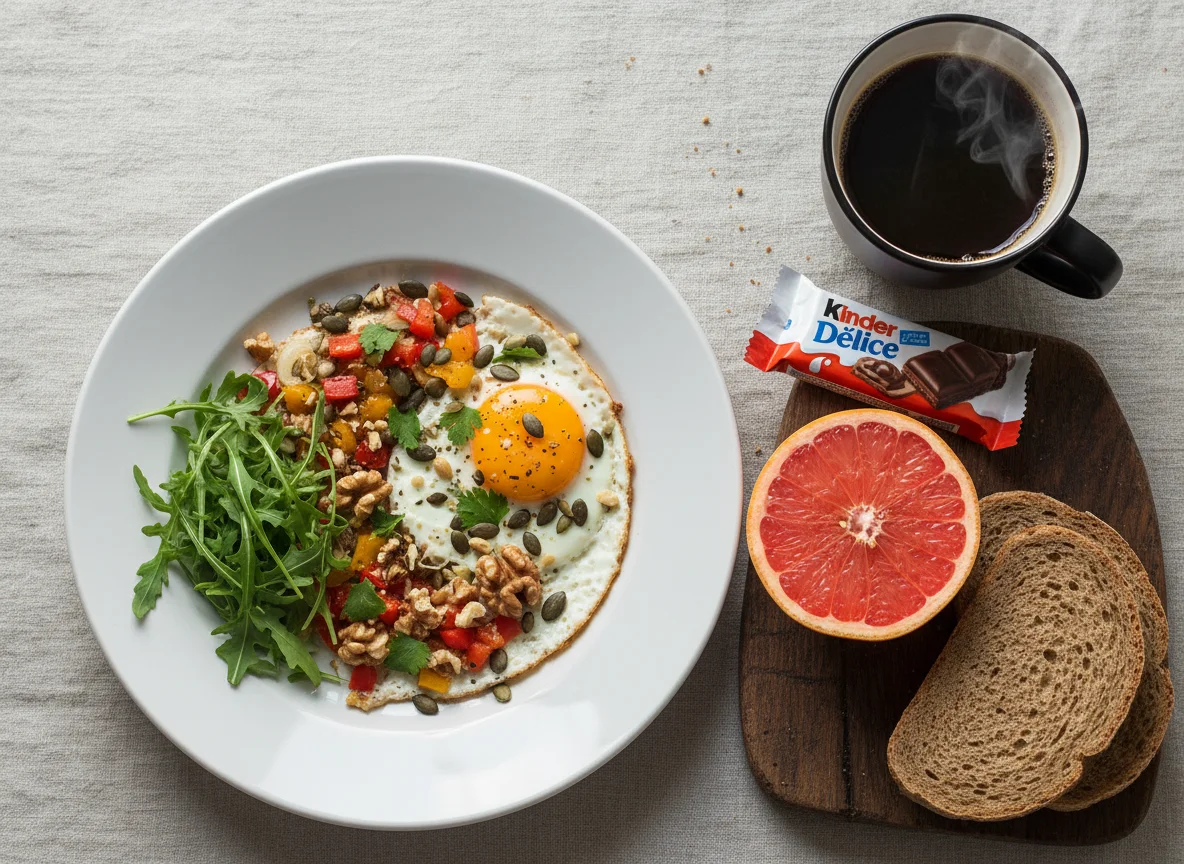 Завтрак с яичницей, грейпфрутом и кофе photo