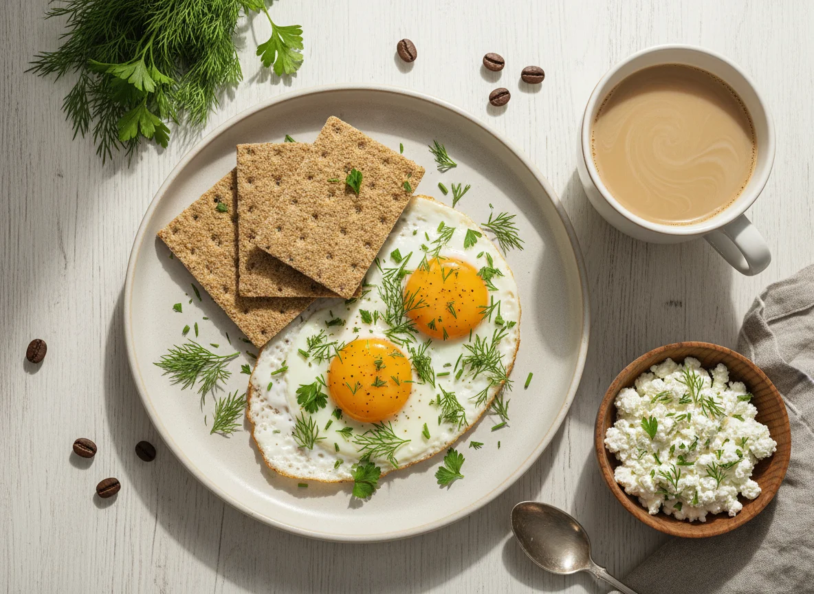 Завтрак с яичницей, хлебцами и кофе photo