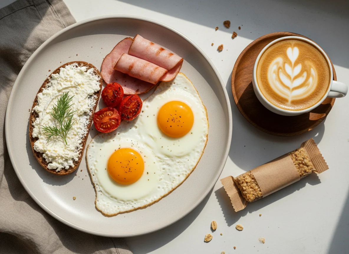 Завтрак с яичницей, хлебом и кофе photo